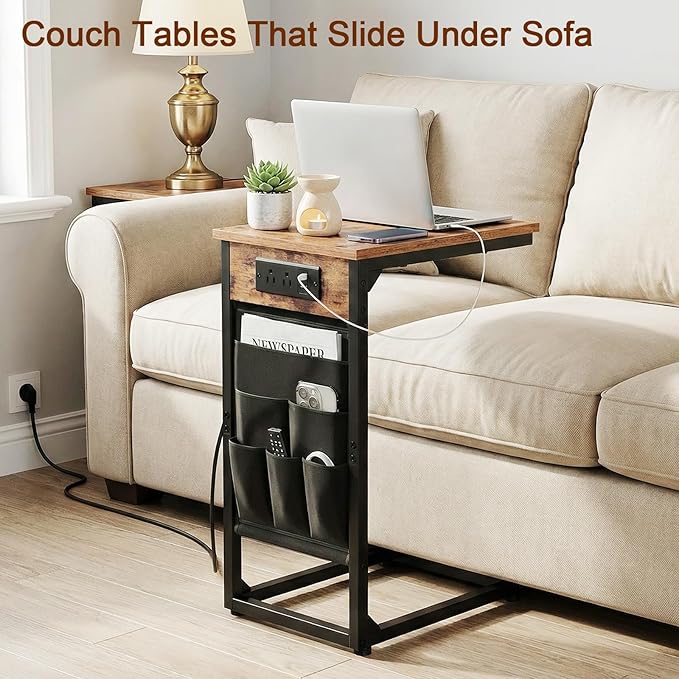 AMHANCIBLE C Shaped End Table with Charging Station, TV Tray Couch Tables with Storage Bag, Slide Under Sofa Side Side Table with USB Ports and Outlets for Living Room, Rustic Brown, HET04CBR-1