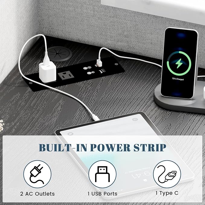 Corner Desk with Charging Station & LED Light, Triangle Corner Desk with CPU Stand & Storage Shelves, Gaming Computer Desk for Home Office -Black