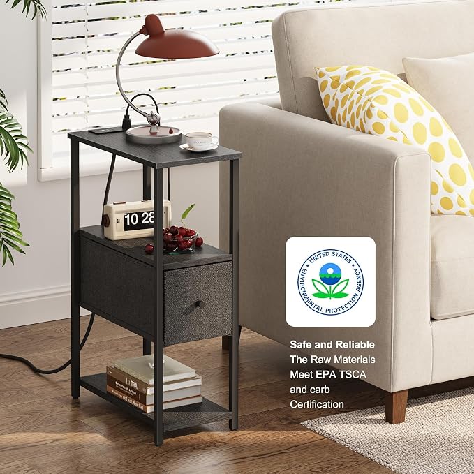 TUTOTAK Small Narrow End Table with Charging Station, Set of 2, Side Table with Outlets, Nightstand with Cloth Drawer, Couch Table, for Living Room, Bedroom, Bedside, Black TB01BK058