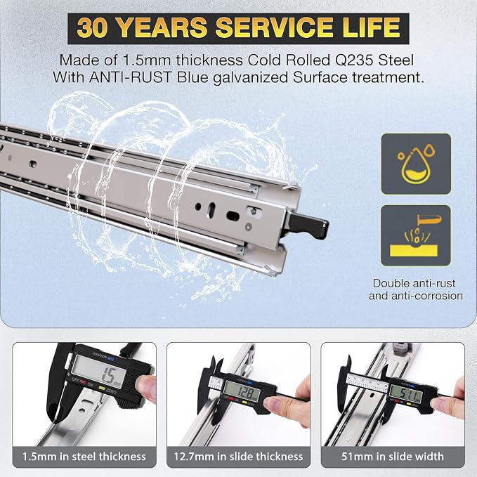 YENUO Heavy Duty Drawer Slides Full Extension With Lock Side Mount 12 14 16 18 20 22 24 26 28 30 32 34 36 40 Inch Ball Bearing Metal Rails Track Guide Glides Runner 150 Lbs 1 Pair (With Lock, 18 inch)