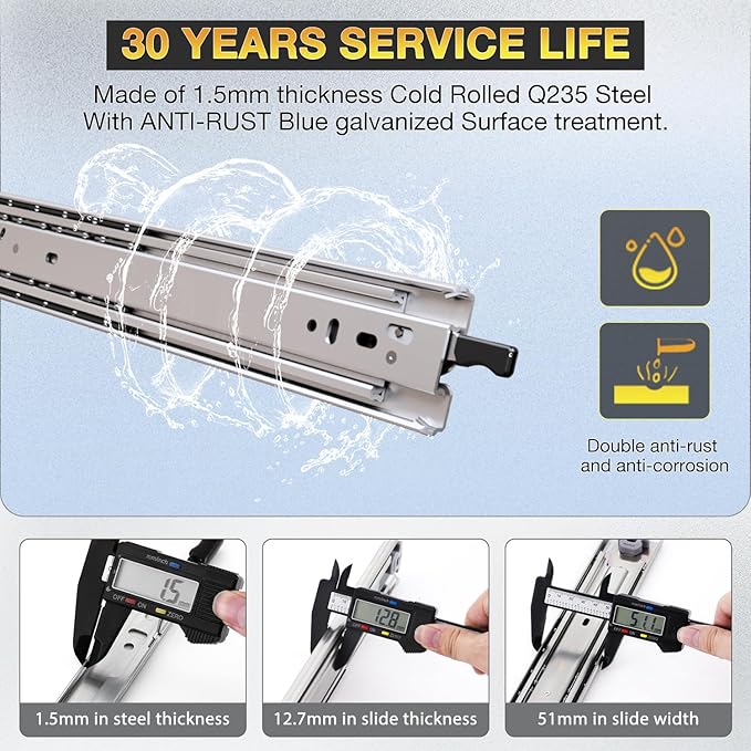 YENUO Heavy Duty Drawer Slides Full Extension With Lock Side Mount 12 14 16 18 20 22 24 26 28 30 32 34 36 40 Inch Ball Bearing Metal Rails Track Guide Glides Runner 150 Lbs 1 Pair (With Lock, 16 inch)