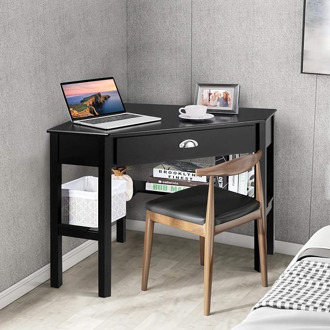 COSTWAY Corner Desk with Drawer for Small Space, Wood Makeup Vanity, Shelves, Office Study Workstation (Black)
