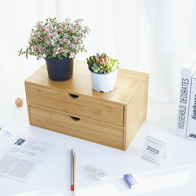 Charmewooden Bamboo Desk Organizer With Drawers Countertop Drawers Counter Storage Box Corner Desk Organizer for Home Office No Assembly Required (2 Drawers)