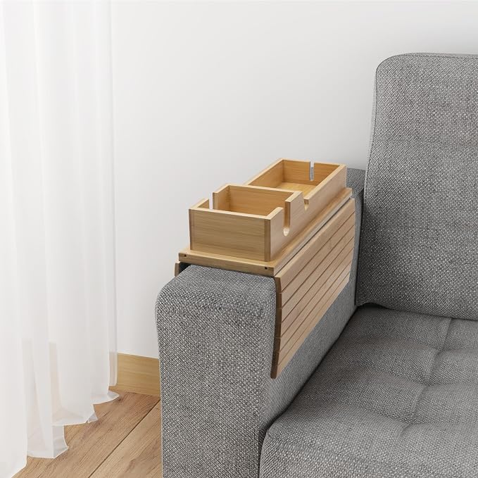 Bamboo Sofa Armrest Tray - Couch Arm Tray with Detachable Couch Cup Holder - 2 in 1 Anti-Slip Foldable Sofa Armchair Caddy Table - Cup Holder for Drinks Cellphone Snacks, Remote