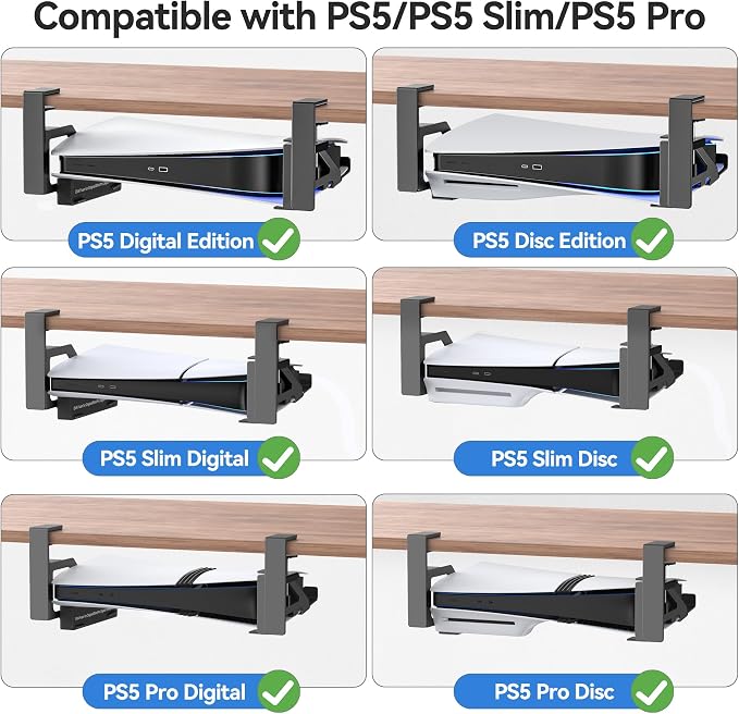 No-Drill PS5/Slim/Pro Under Desk Mount, Metal Under Desk PS 5 Mount for PS5 Slim Digital & Disc, PS 5 Holder Under Desk with Clamp, Screw and EVA Foam for PS 5/Slim/Pro Digital Console