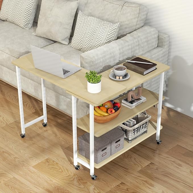 Tangkula 360° Rotating Sofa Side Table, Patented Mobile End Table with 2-Tier Storage Shelves, Swivel Rolling Desk with 6 Lockable Wheels, Metal Frame, Movable Laptop Table Couch Snack Table for Home
