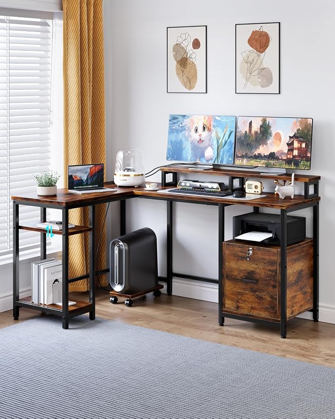 IDEALHOUSE Corner L-Shaped Computer Desk, Built-in Power Outlet & File Storage Drawer, with Monitor Shelf, Printer Storage, Mobile CPU Stand, for Home Office and Ergonomic Gaming Setup, Vintage Brown