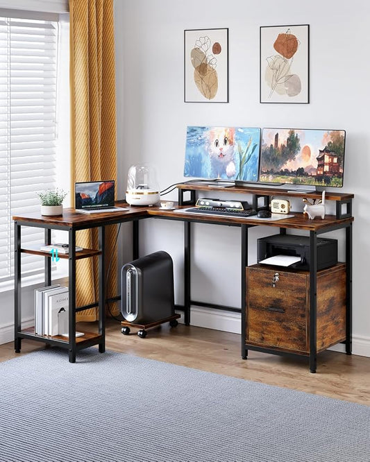 IDEALHOUSE Corner L-Shaped Computer Desk, Built-in Power Outlet & File Storage Drawer, with Monitor Shelf, Printer Storage, Mobile CPU Stand, for Home Office and Ergonomic Gaming Setup, Vintage Brown