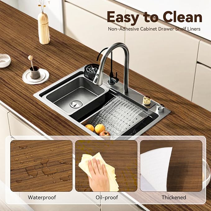 Drawer Shelf Liner for Kitchen Cabinets, Non Adhesive Slip Resistant Shelf Paper Easy to Clean, Strong Grip Thickened Waterproof Washable Mats for Pantry Shelves, Cupboard, Wood Grain, 24 in x 30 FT