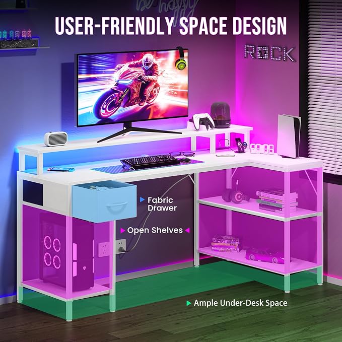 DUMOS 47" Gaming Desk with USB Charging Ports & LED Lights, Reversible L-Shaped Corner Computer Table for Small Spaces, Power Outlets, Monitor Stand & Storage Shelves Included, White