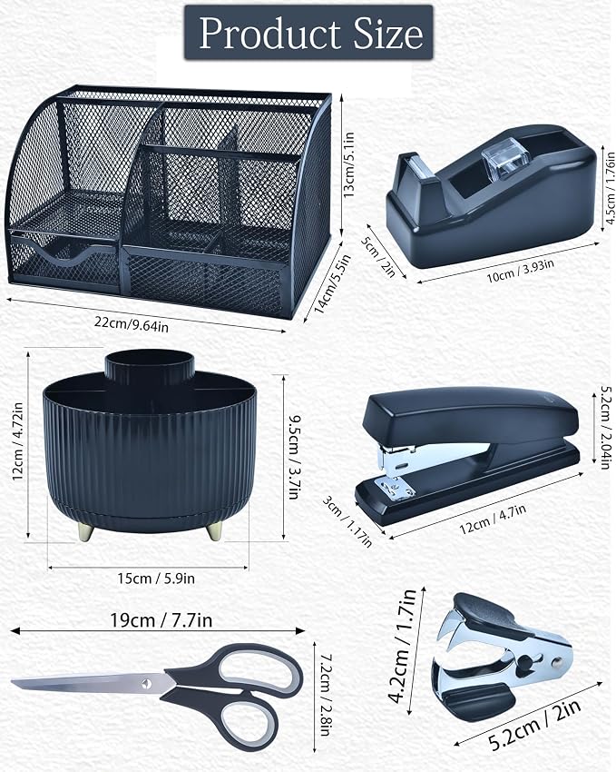 LXEVIHK 20Pcs Black Desk Organizers and Accessories With Mesh Desk Organizer and 360°Rotating Pen Holder and a Lot of Office Black Office Supplies Beautifully Presented in a Gift Box