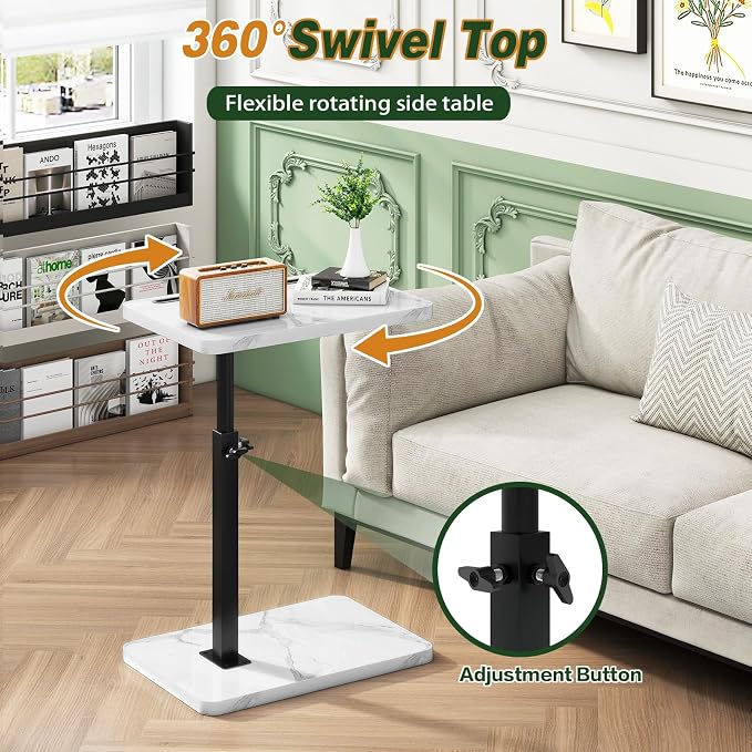 IBUYKE C Shaped Side Table, 360° Swivel Height Adjustable End Table for Small Spaces, with Phone & Tablet Slot, Modern Small Coffee Snack Table for Sofa/Bed, White with Black UTVT003BW