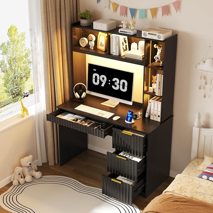 Modern Smart LED Study Desk with Hutch & Storage Cabinet - 3 Color LED Lighting, Card-Based Lock & USB Charging Ports, Multipurpose Computer Desk for Home Office & Student,Black