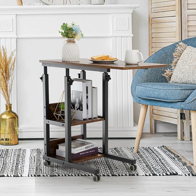 Hadulcet C Shaped Side Table Adjustable, Height Adjustable C Table with Wheels and Storage Shelves for Couch Bed Recliner Rustic Brown