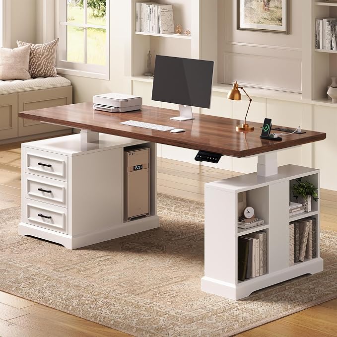 SEDETA Farmhouse Electric Standing Desk, 63" Height Adjustable Computer Desk with 3 Drawers, Storage Shelves, Power Outlets, Wood Home Office Stand up Desk for Work, Study, Writing, White