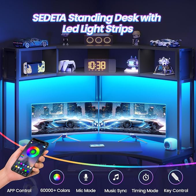 SEDETA Corner Desk, 39" W x 62" H Small Office Desk with Hutch & LED Lights, Triangle Gaming Computer Desk with Keyboard Tray, Storage Bag, and Headphone Hook for Small Space, Black