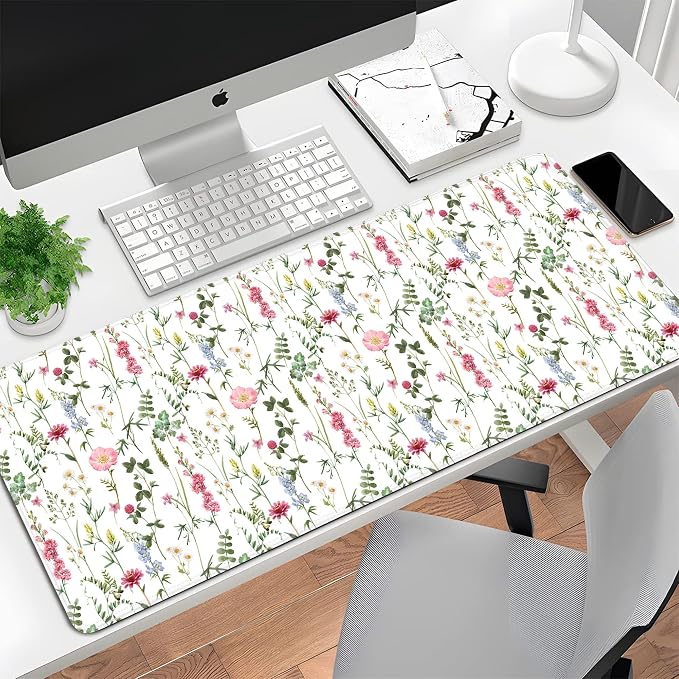White Kawaii Flower Mouse Pad Large Desk Mat Extended Keyboard Mouse Pad Cute Mousepad with Non-Slip Base and Stitched Edge Floral Mouse Mat Desk Pad 31.5 x 11.8 Mouse Pads for Desk Home Office Gaming