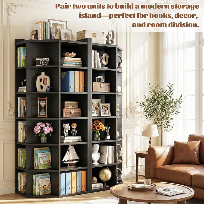 Aheaplus 7-Tier Wooden Corner Cube Bookshelf, Corner Storage Cabinet with 18 Cubes, Corner Cube Organizer Display Shelf with Top Table, Modern L Shaped Cubby Bookcase for Home Office, Black