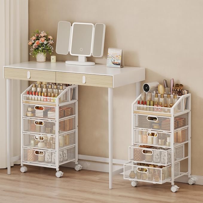 HapiRm Rolling Makeup Cart Organizer - Under Desk Makeup Storage with Wheels, Floor Make up Cart Skincare Organizers Desk Vanity Storage Organizer Cabinet for Cosmetics Makeup Brush Hair Tool, White