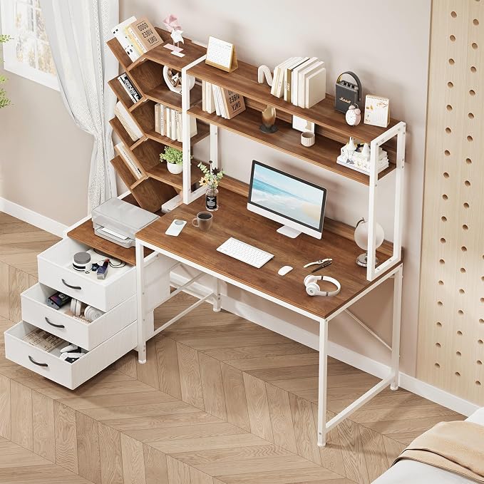YOMILUVE Reversible Computer Desk with Hutch, Home Office Desk with Drawers and Bookshelf, 52'' Study Writing Desk with Storage Shelves for Bedroom Home Office, Brown and White