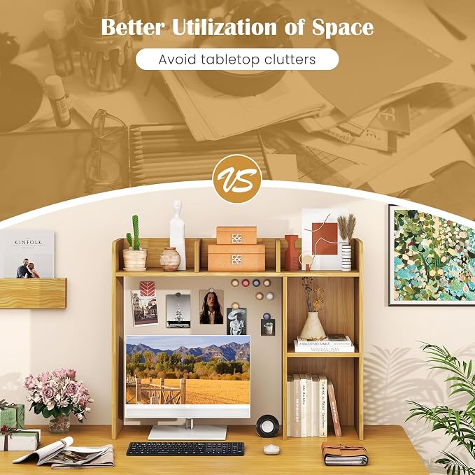 Desktop Bookshelf, 3-Tier Desk Organizer Shelves with 5 Display Rack, Countertop Storage Bookcase for Computer Desk, Desk Hutch Shelf for Top of Desk, Dorm, Home, Office (Oak)
