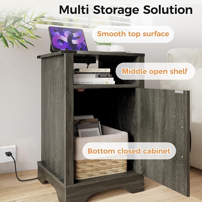 RoyalCraft 25" Tall Farmhouse Nightstand with Charging Station, Grey End Table with Storage, Large Wooden Rustic Bedside Table for Bedroom, Dark Grey