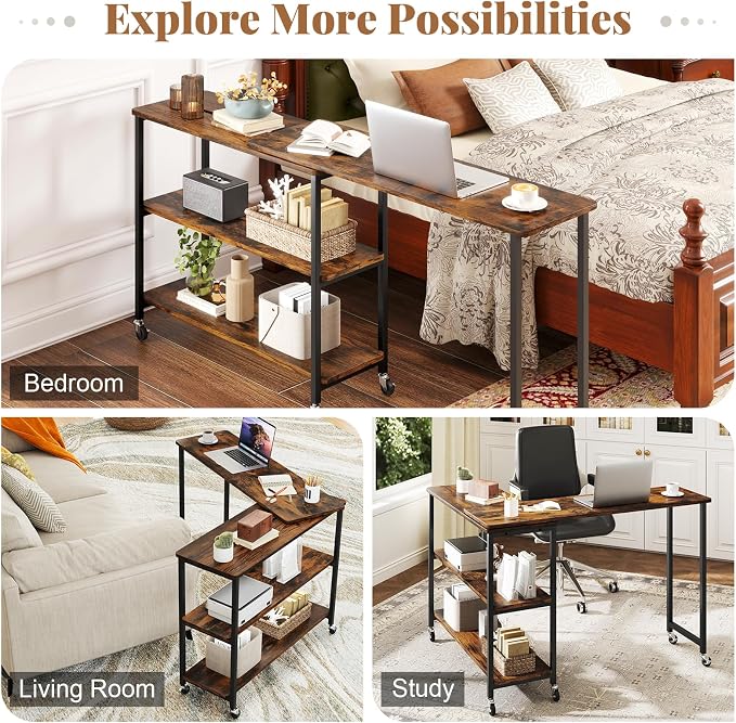 Tangkula Large 360° Free Rotating Sofa Side Table, Patented Mobile Couch Desk with 2-Tier Storage Shelves, Movable Laptop Desk with Sturdy Metal Frame, Extendable Couch Snack Table for Home Office
