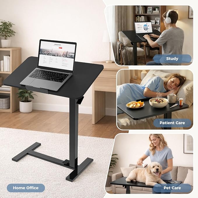 DUMOS Adjustable Overbed Bedside Table with Hidden Wheels, Mobile Standing Desk with Pneumatic Lift, Portable Computer Workstation Cart for Bed, Couch, Office, Sofa, Black