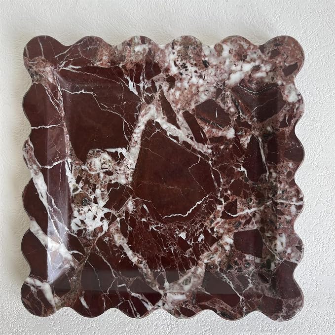 Vintage Natural Marble Tray Small Ornaments Scalloped Tray Handmade Storage Dish for Counter, Vanity, Dresser, Nightstand and Desk (Rosa Levanto)