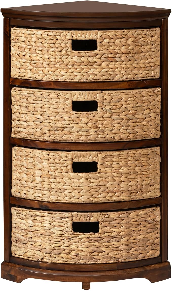 eHemco Hampton Meadows 4 Tier X-Side Corner Table Storage Cabinet with 4 Wicker Baskets, Walnut