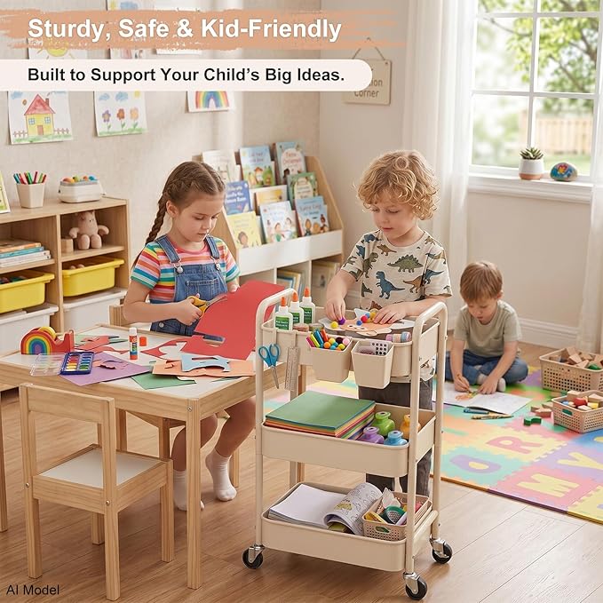 3 Tier Beige Rolling Storage Cart Metal on Wheels, Cream Three Tiered Diaper Caddy with Wheels,Utility Organizer Trolley for Nursery,Postpartum,Art,Craft,Khaki Roller Bedside Carts for Baby Essentials