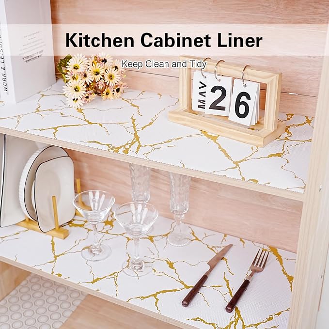 Drawer and Shelf Liner for Kitchen Cabinet,Non-Adhesive Cabinet Liner 12in x 20FT,Waterproof Shelf Paper Non-Slip Mats Cupboard Liners Contact Protect Dresser/Shelves/Table-Gold Marble