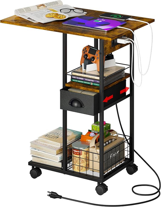 Rolling C-Shaped Side Table with Charging Station, Night Stand with Type-C & USB Port and Outlet for Bedroom, Spacious Coffee Table with Wheels for Living Room, Home Office, Small Space(Large Desktop)