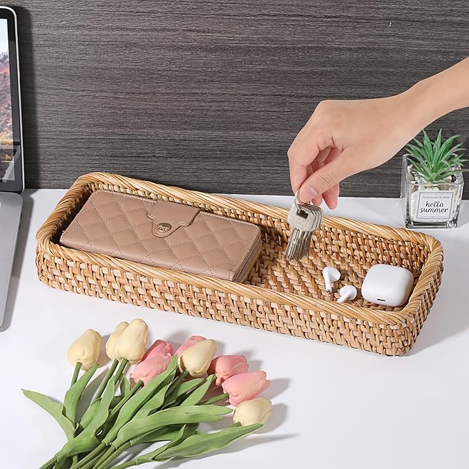 Hipiwe Rattan Basket Tray Handwoven Key Basket Holder for Entryway Long Narrow Bathroom Sink Vanity Tray Toilet Tank Basket Wicker Decorative Trays for Home Decor, 15.8"x 6"x2.2"