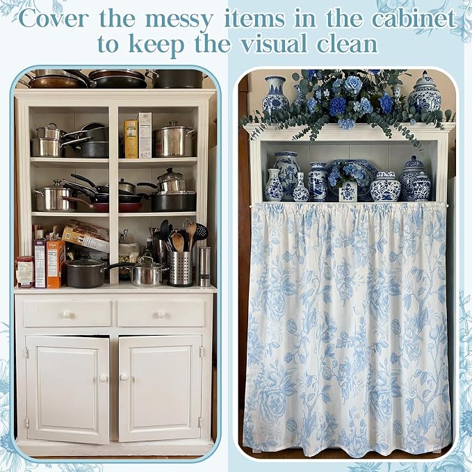 VitalCozy Cabinet Curtains 35" W x 35" L Sink Skirt for Bathroom Kitchen Blue Flower Floral Cabinet Curtains for Classroom Home Farmhouse Rustic Drape Under Desk Privacy Drape for Laundry Room