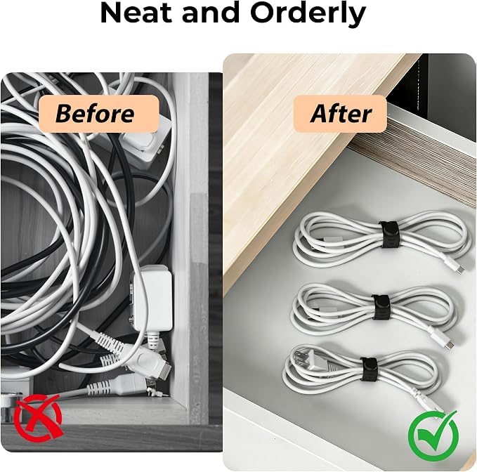 10 Pack Rotatable Cord Holder Organizer & Silicone Cable Straps Set | Adhesive Cable Clips Holder for Desk, Wall, Car - Wire Management Clips for iPhone Charger, USB, Computer Cables Cord Keepers