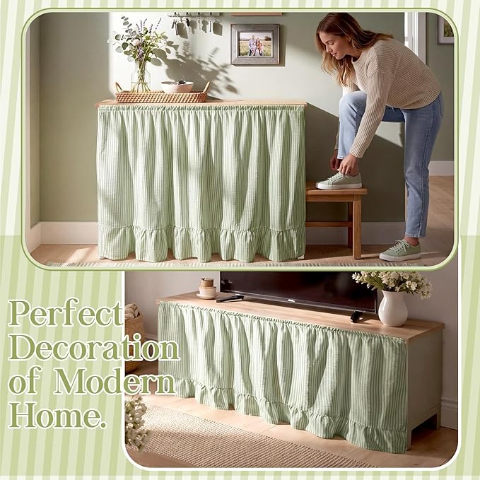 VitalCozy Cabinet Curtain 28" W x 51" L Sink Skirt for Bathroom Kitchen Sage Green Stripes Ruffles Spring Short Curtain for Home Classroom Farmhouse Drape Under Desk Privacy Drape for Laundry Room