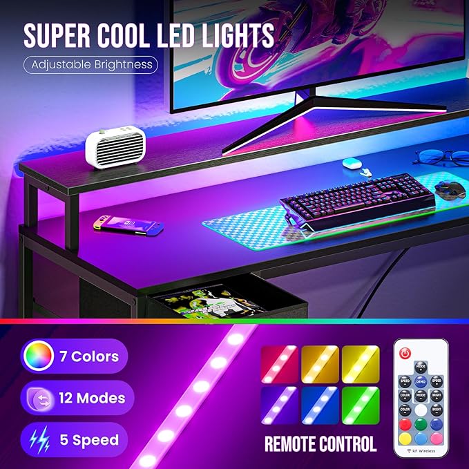 DUMOS 53" Gaming Desk with USB Charging Ports & LED Lights, Reversible L-Shaped Corner Computer Table for Small Spaces, Power Outlets, Monitor Stand & Storage Shelves Included, Modern Black