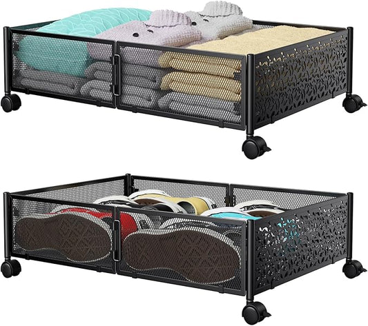 Under Bed Storage Containers with Wheels, Under Bed Shoe Storage Organizer Drawer, Tool-free Assembly Metal Storage Containers for Bedroom Clothes Shoes Blankets -2PCK