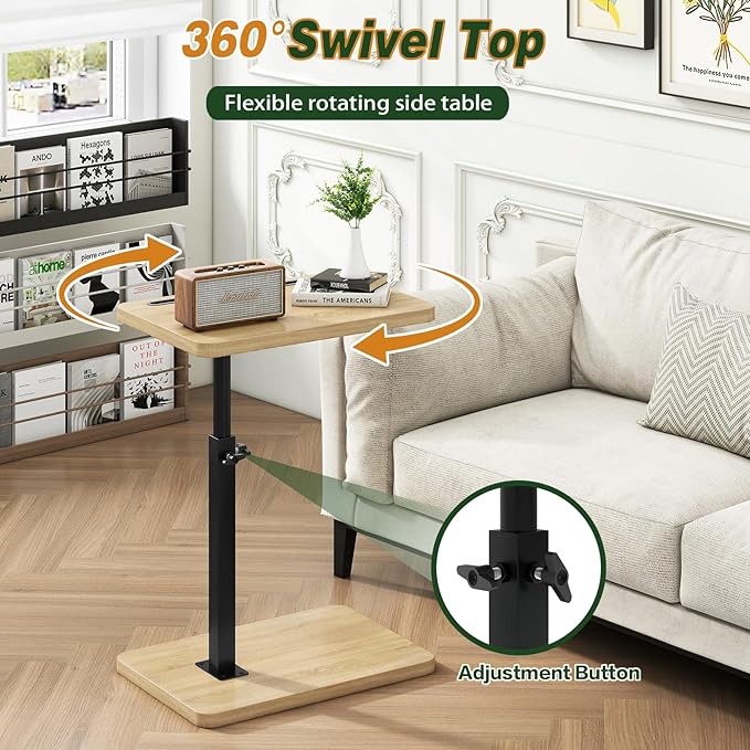 IBUYKE C Shaped Side Table, 360° Swivel Height Adjustable End Table for Small Spaces, with Phone & Tablet Slot, Modern Small Coffee Snack Table for Sofa/Bed, Natural UTVT003R
