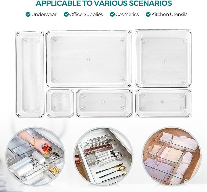 4 Pack Drawer Organizer - 6" X 9" Clear Acrylic Storage Bins with Non-Slip Pads, Versatile Desk Tray for Makeup, Jewelry, Kitchen, Bathroom, and Office Organization