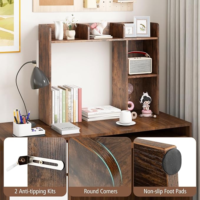 Giantex Desktop Bookshelf, Wood Desk Hutch Organizer for 27 Inch Computer Monitor, Countertop Storage Display Rack with 5 Shelves, Multipurpose Desktop Shelf Bookcase for Dorm Office Home, Brown