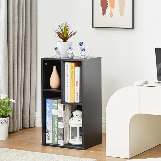VECELO 11.8" Open Bookshelf, Waterproof Particle Board Asymmetrical Split Cubby Storage Organizer, Black Uneven Compartment Display Cube for Tall Books, Bedroom Dorm Office
