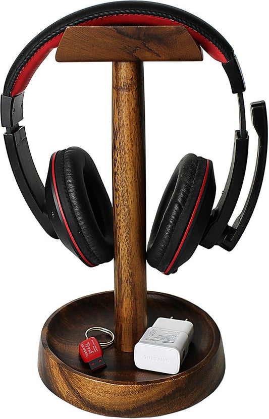 Wooden Headphone Stand with Tray – Solid Acacia Headset Holder for Desk Organization, Universal Fit for Sony, Bose, Beats, Gaming Headsets & Controllers | Solid Acacia, Desk Organization, Universal Fit for Sony, Bose, Beats, Gaming Headsets & Controllers
