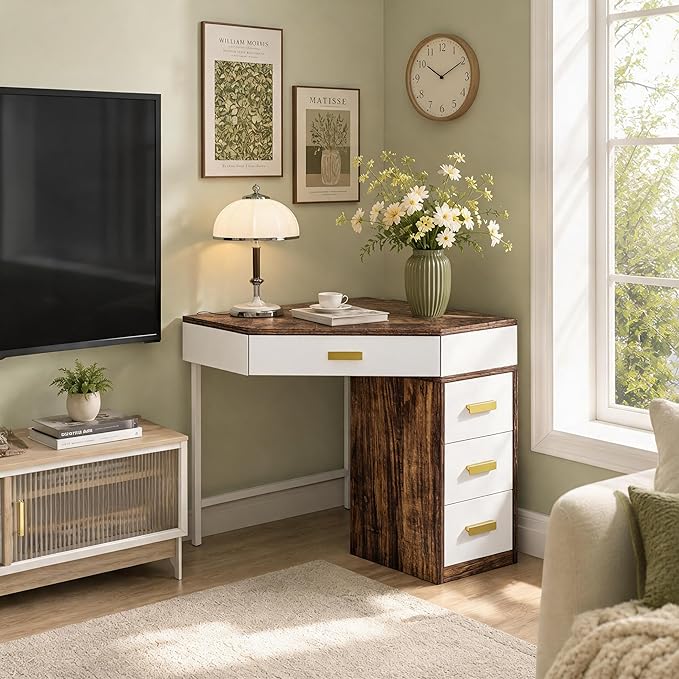 Tribesigns Corner Desk with 4-Drawer Storage,Triangle Computer Desk,Vanity Station,Study Nook for Small Space,Home Office,Bedroom,Living Room (White&Brown)