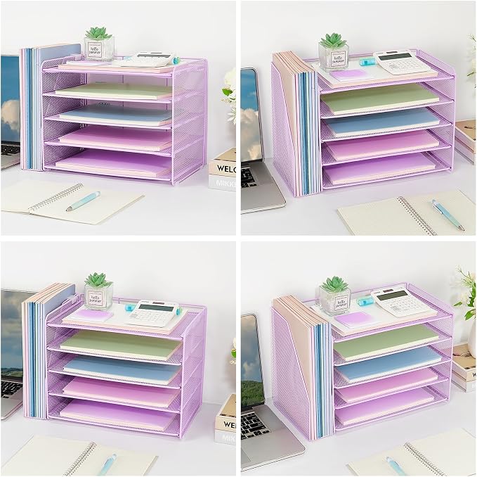 OPNICE Desk Organizer, 5-Tier Paper Organizer Letter Tray with Magazine Holder, Office Desk Accessories & Workspace Organizers, Desktop File Organizer for Office Supplies Storage, Purple