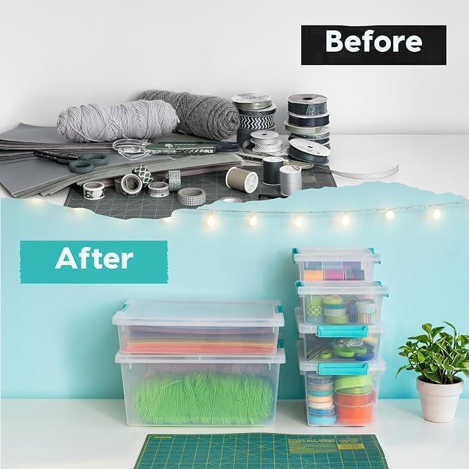 IRIS USA 1 Qt. Craft Storage Bins with Lids, 6-Pack, |Made in USA|, Clip Box, Small Plastic Sensory Bin Tote Organizer Containers for Art Supplies, Paper, & Office, Stackable - Clear/Seafoam Blue