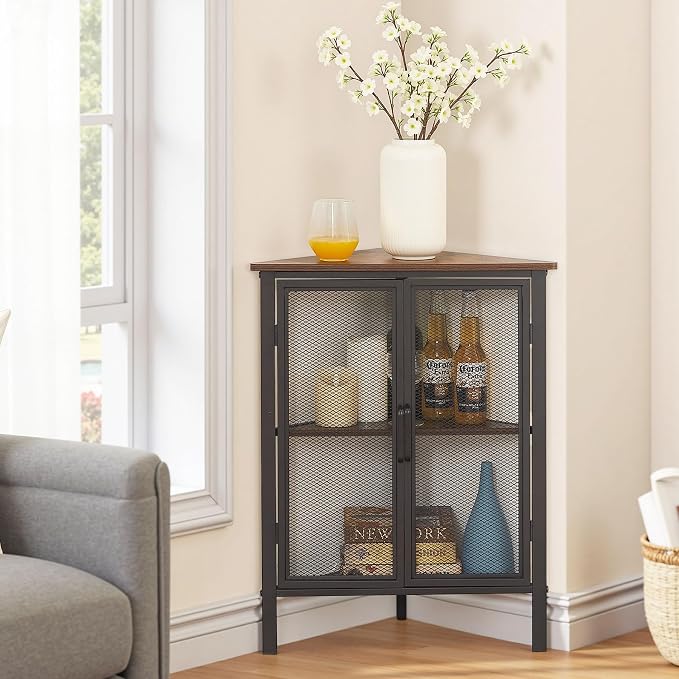 VECELO 3-Tier Corner Table,Cabinet with Mesh Door,Corner Shelf Stand,Metal Frame Storage Shelf Organizer Display Shelves for Wall Corner,Living Room,Bedroom Kitchen,Bathroom