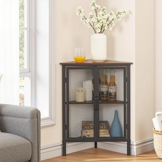 VECELO 3-Tier Corner Table,Cabinet with Mesh Door,Corner Shelf Stand,Metal Frame Storage Shelf Organizer Display Shelves for Wall Corner,Living Room,Bedroom Kitchen,Bathroom