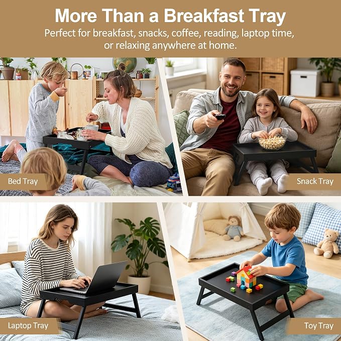 Breakfast Tray with Folding Legs Set of 2, Bamboo Bed Tray Table 15.7" Foldable TV Dinner Tray with Ergonomic Wave Handles for Bed Couch Sofa, Breakfast, Snacks, Coffee, Black